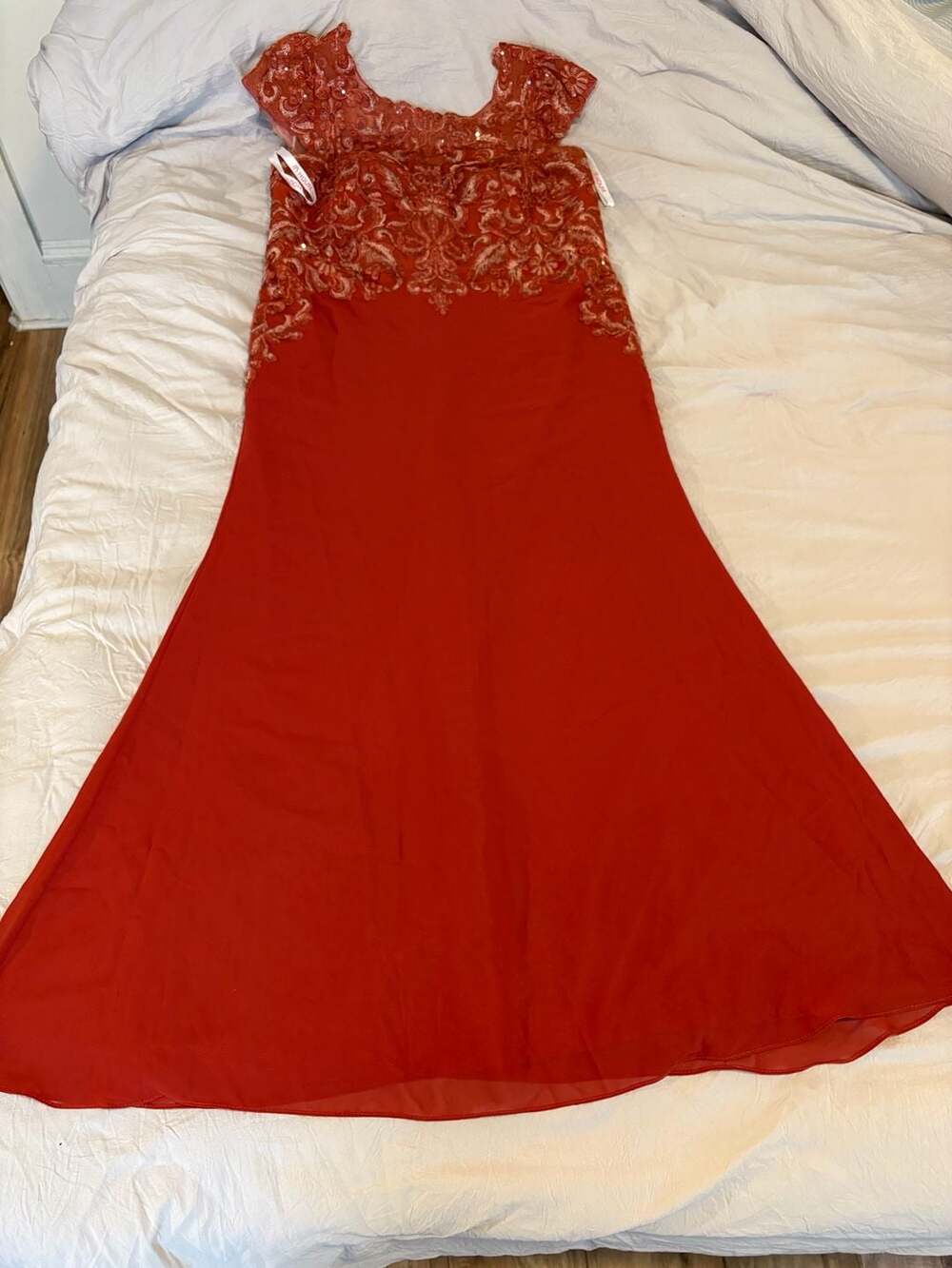 JJ's House Red Lace Applique Chiffon Long Evening Dress